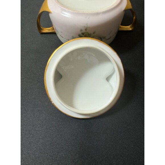 Antique Hand-Painted Porcelain Sugar Bowl With Lid - Floral Design & Gold Accent - Picture 7 of 9
